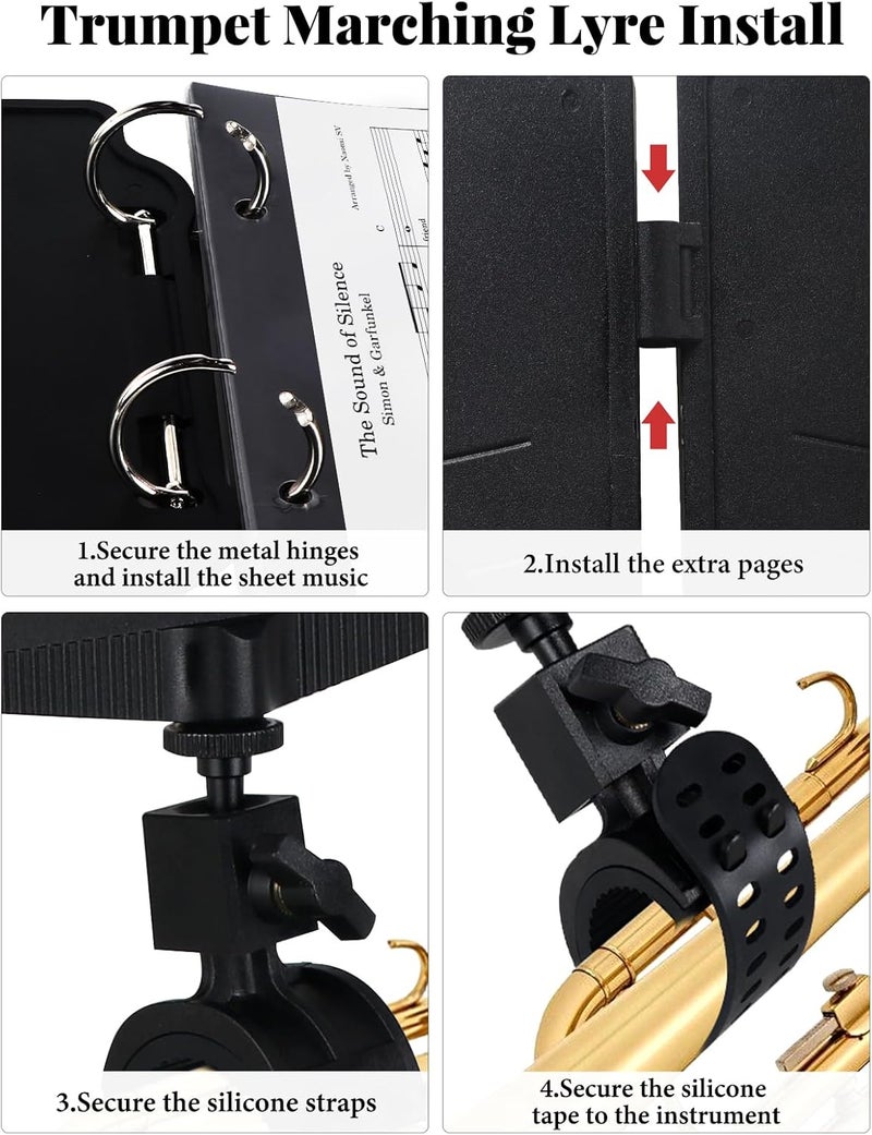 bomis Trumpet Marching Lyre 2 in 1 Adjustable Trumpet & Snare Drum Marching Band Lyre for Marching Band with Flip Folder, Includes 10 Refill Sleeves, for Trumpet, Clarinet, Trombone, Snare Drum - Image 4